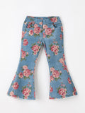 Girls Floral Denim Bell Bottom Pants Rose Print Flare Jeans