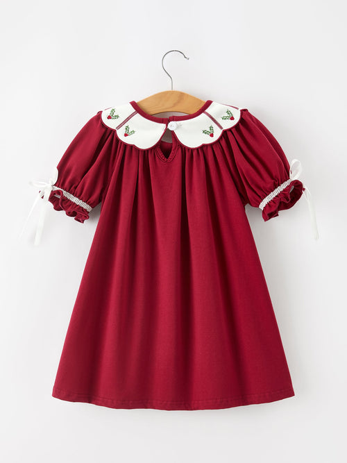 Christmas Holly Embroidered Girls Dress Petals Collar Puff Sleeve