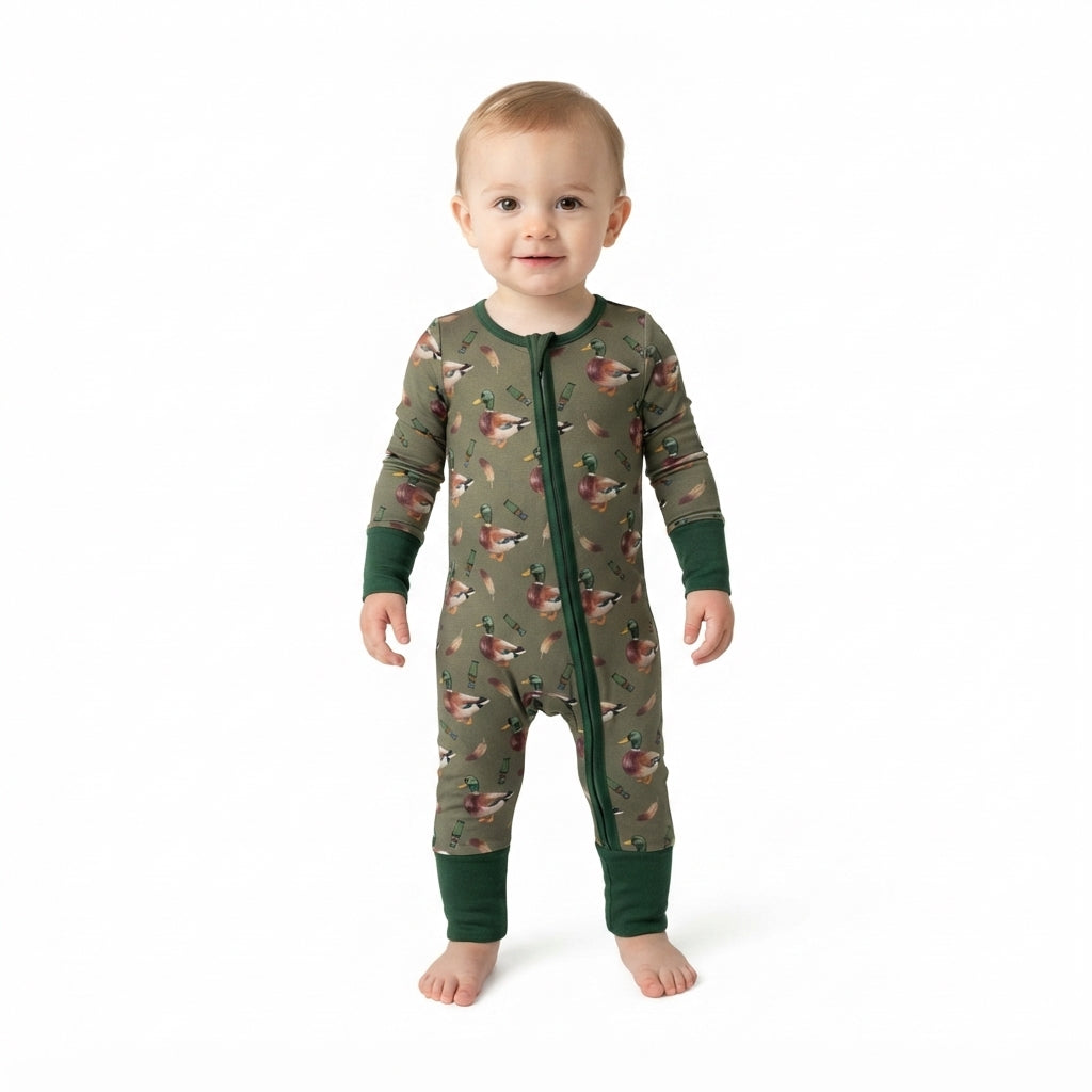 Green long sleeves duck call baby boys zipper romper