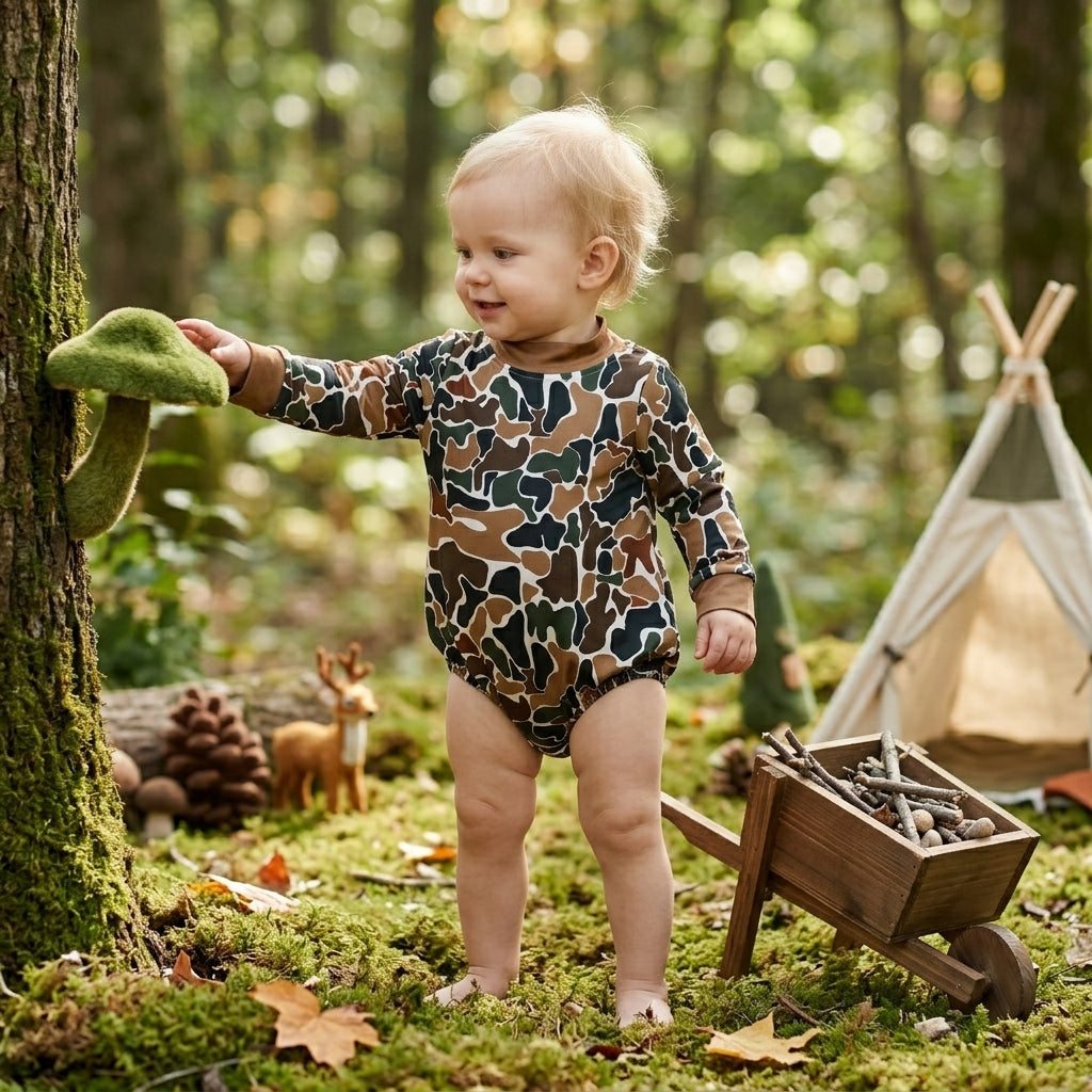 Long sleeves brown camo mock neck baby kids fall romper