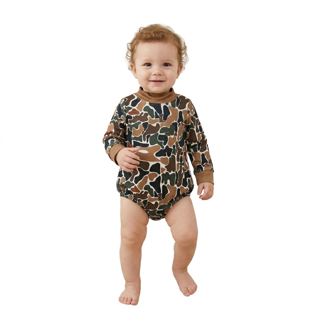 Long sleeves brown camo mock neck baby kids fall romper