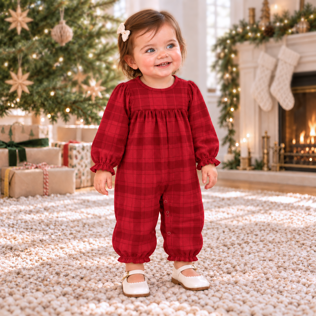 Red Plaid Baby Girl Romper With Ruffles & Puff Sleeves