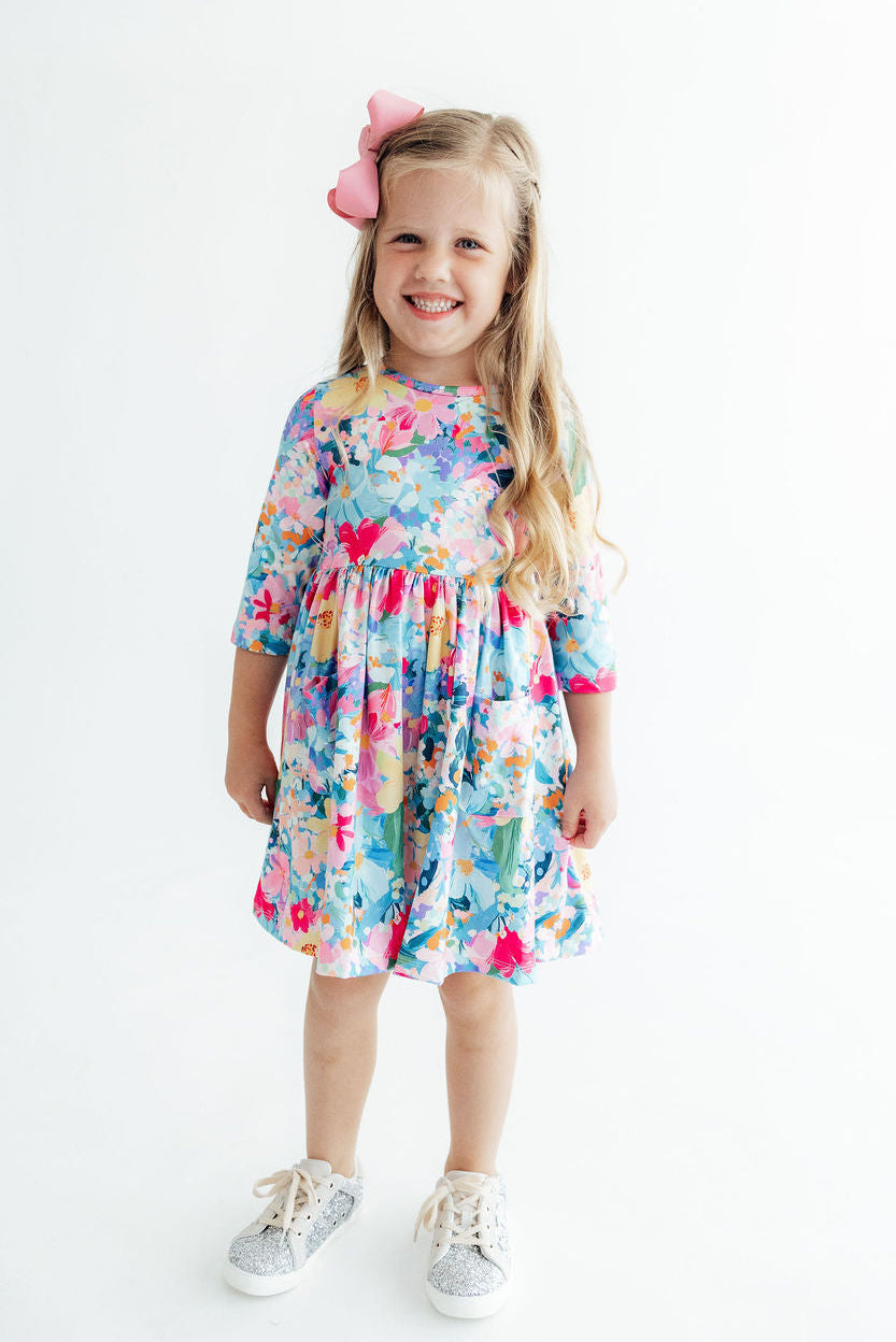 Flower Market 3/4 Sleeve Pocket Twirl Dress